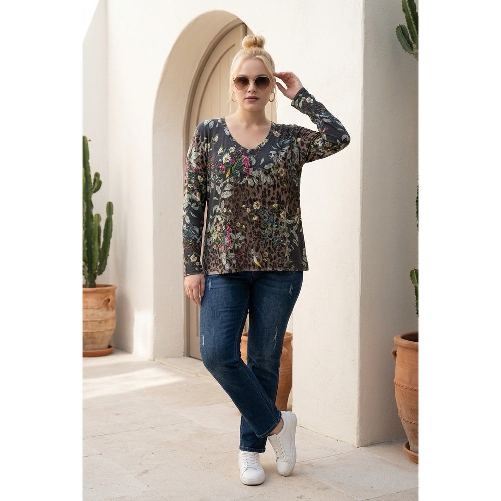 Johnny Was T11621-9 Mixed Leopard Floral Bamboo V-Neck Top XL Mens Brown Gray